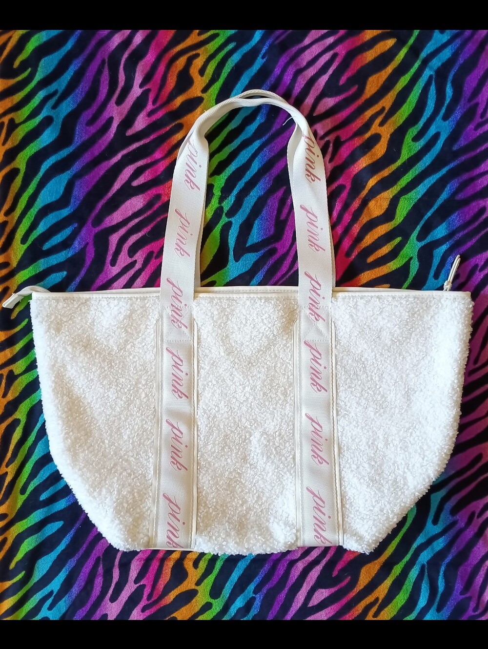 🩷 PINK Victoria's Secret Cozy White Sherpa Plush Tote Bag Logo Straps Fleece